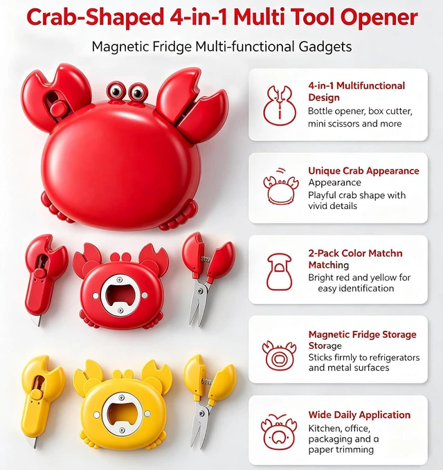 Alt view image 6 of 7 - Magnetic Multifunctional Bottle Opener for Fridge, 4-in-1 Crab Bottle Opener Retractable Safe Package Cutter Folding Scissors Fridge Decor for Home & Office Yellow 1 Pack