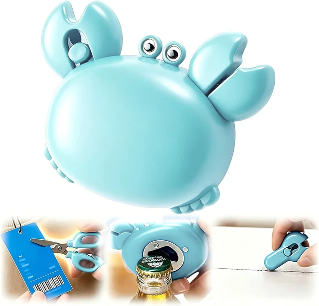 Main image of Magnetic Multifunctional Bottle Opener for Fridge, 4-in-1 Crab Bottle Opener Retractable Safe Package Cutter Folding Scissors Fridge Decor for Home & Office Blue 1 Pack