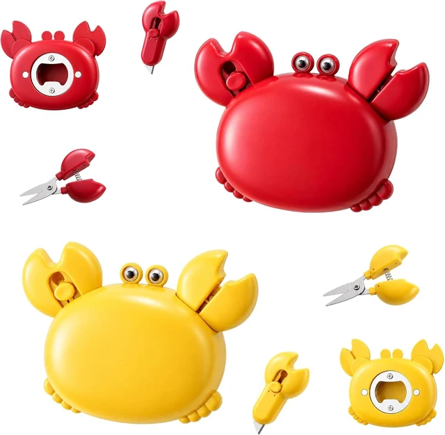 Main image of Magnetic Multifunctional Bottle Opener for Fridge, 4-in-1 Crab Bottle Opener Retractable Safe Package Cutter Folding Scissors Fridge Decor for Home & Office red+Yellow 1 Pack