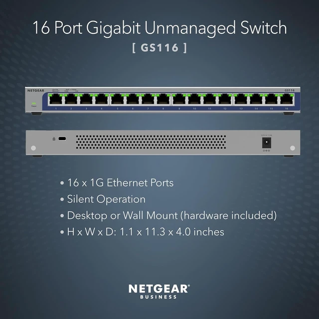 Alt view image 5 of 6 - 16-Port Gigabit Ethernet Unmanaged Network Switch (GS116),Desktop or Wall Mount