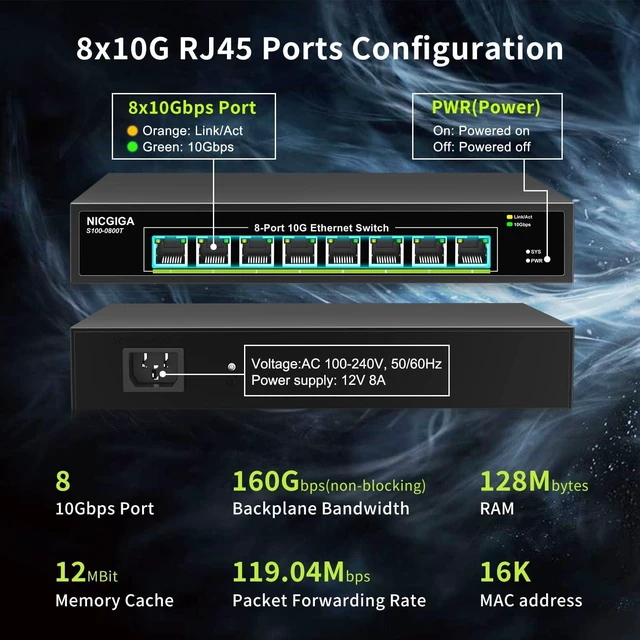 Alt view image 2 of 7 - 8 Port 10G Ethernet Switch Unmanaged,with 8X 10Gb Base-T Ports, NICGIGA 10Gbps Network Switch Easy for 10G NAS,PC,WiFi7 Router,10G Adapter/NIC. Desktop or 19-inch Rack Mount, Plug and Play.