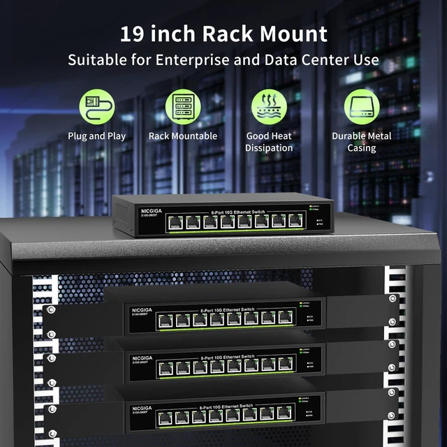 Alt view image 3 of 7 - 8 Port 10G Ethernet Switch Unmanaged,with 8X 10Gb Base-T Ports, NICGIGA 10Gbps Network Switch Easy for 10G NAS,PC,WiFi7 Router,10G Adapter/NIC. Desktop or 19-inch Rack Mount, Plug and Play.