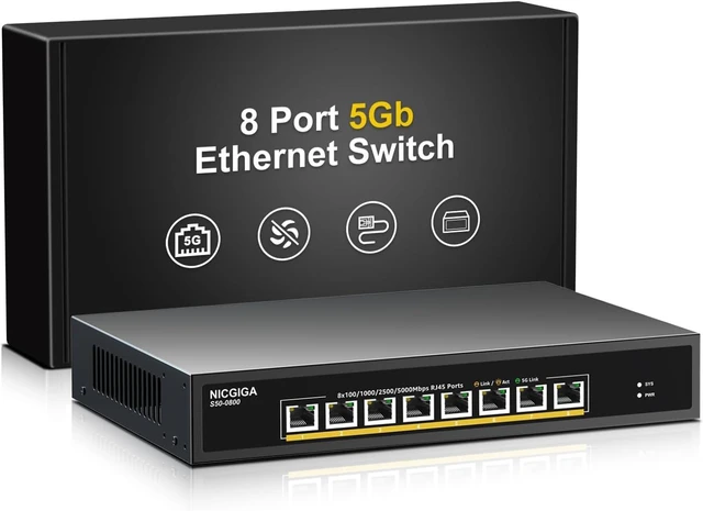 Main image of 8 Port 5G Ethernet Switch Unmanaged,with 8X 5Gb Base-T Ports, NICGIGA 5Gbps Network Switch Easy for 5G NAS,PC,WiFi7 Router,5Gbe Adapter/NIC. Desktop or 19-inch Rack Mount, Plug and Play.