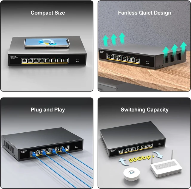 Alt view image 4 of 7 - 8 Port 5G Ethernet Switch Unmanaged,with 8X 5Gb Base-T Ports, NICGIGA 5Gbps Network Switch Easy for 5G NAS,PC,WiFi7 Router,5Gbe Adapter/NIC. Desktop or 19-inch Rack Mount, Plug and Play.