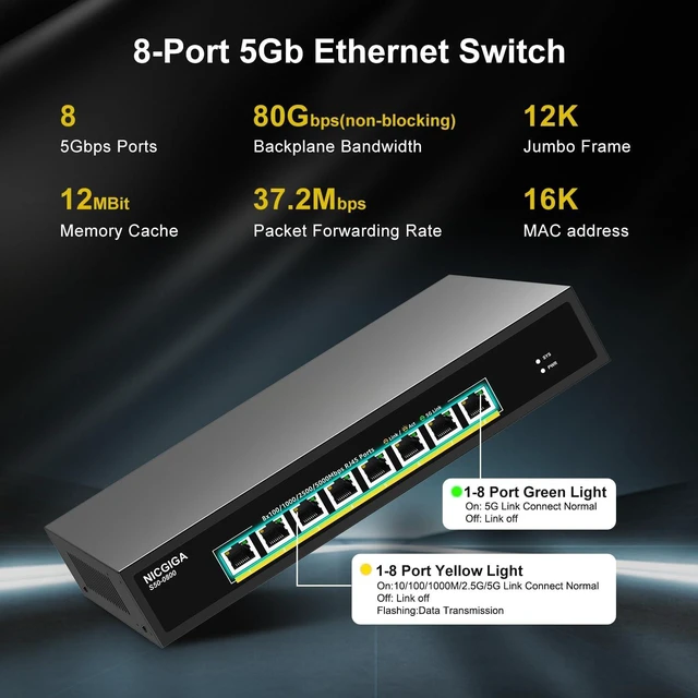 Alt view image 3 of 7 - 8 Port 5G Ethernet Switch Unmanaged,with 8X 5Gb Base-T Ports, NICGIGA 5Gbps Network Switch Easy for 5G NAS,PC,WiFi7 Router,5Gbe Adapter/NIC. Desktop or 19-inch Rack Mount, Plug and Play.