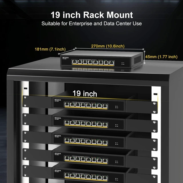 Alt view image 5 of 7 - 8 Port 5G Ethernet Switch Unmanaged,with 8X 5Gb Base-T Ports, NICGIGA 5Gbps Network Switch Easy for 5G NAS,PC,WiFi7 Router,5Gbe Adapter/NIC. Desktop or 19-inch Rack Mount, Plug and Play.