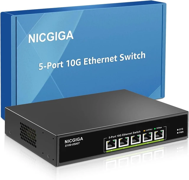 Main image of 5 Port 10G Ethernet Switch Unmanaged,with 5X 10Gb Base-T RJ45 Ports, NICGIGA 10Gbps Network Switch Easy for 10G NAS,PC,WiFi7 Router,10G Adapter/NIC. Desktop or 19-inch Rack Mount, Plug and Play.