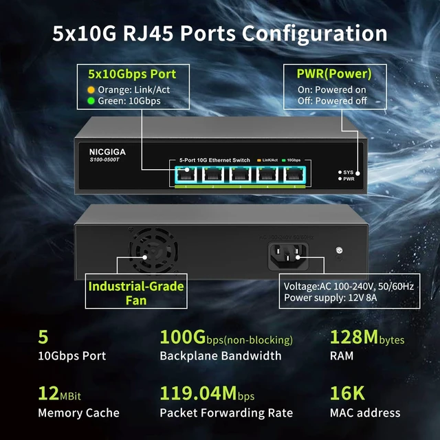 Alt view image 4 of 7 - 5 Port 10G Ethernet Switch Unmanaged,with 5X 10Gb Base-T RJ45 Ports, NICGIGA 10Gbps Network Switch Easy for 10G NAS,PC,WiFi7 Router,10G Adapter/NIC. Desktop or 19-inch Rack Mount, Plug and Play.