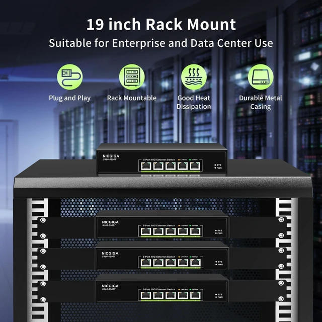 Alt view image 6 of 7 - 5 Port 10G Ethernet Switch Unmanaged,with 5X 10Gb Base-T RJ45 Ports, NICGIGA 10Gbps Network Switch Easy for 10G NAS,PC,WiFi7 Router,10G Adapter/NIC. Desktop or 19-inch Rack Mount, Plug and Play.