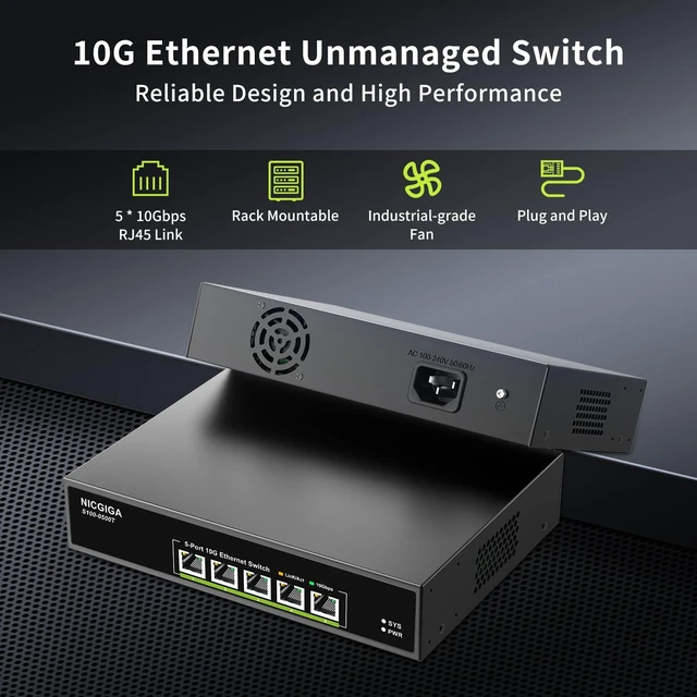 Alt view image 2 of 7 - 5 Port 10G Ethernet Switch Unmanaged,with 5X 10Gb Base-T RJ45 Ports, NICGIGA 10Gbps Network Switch Easy for 10G NAS,PC,WiFi7 Router,10G Adapter/NIC. Desktop or 19-inch Rack Mount, Plug and Play.