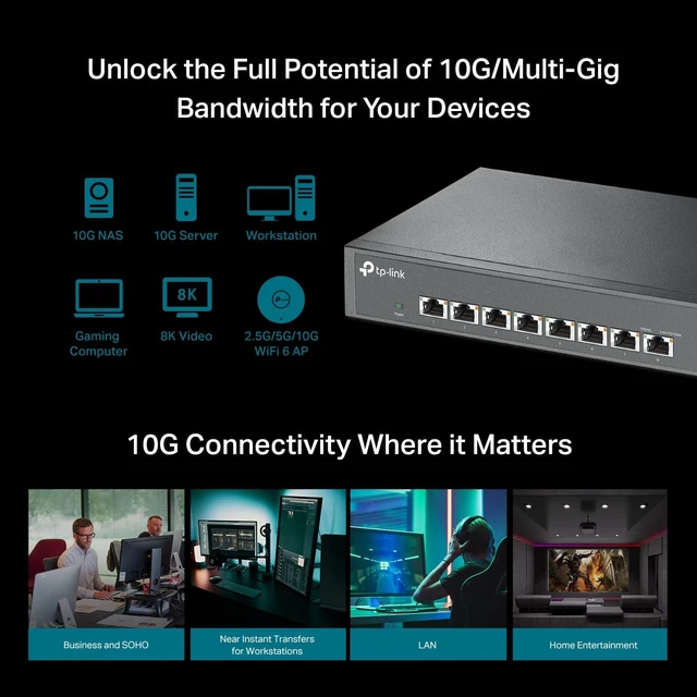 Alt view image 3 of 5 - TL-SX1008, 8 Port 10G/Multi-Gig Unmanaged Ethernet Switch,Desktop/Rackmount, Plug & Play, Sturdy Metal Casing, Speed Auto Negotiation, Free Expert Help