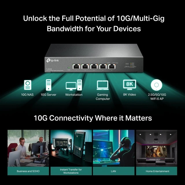 Alt view image 2 of 5 - TL-SX105, 5 Port 10G/Multi-Gig Unmanaged Ethernet Switch,Desktop/Wall Mount, Plug & Play, Fanless, Sturdy Metal Casing, Speed Auto Negotiation