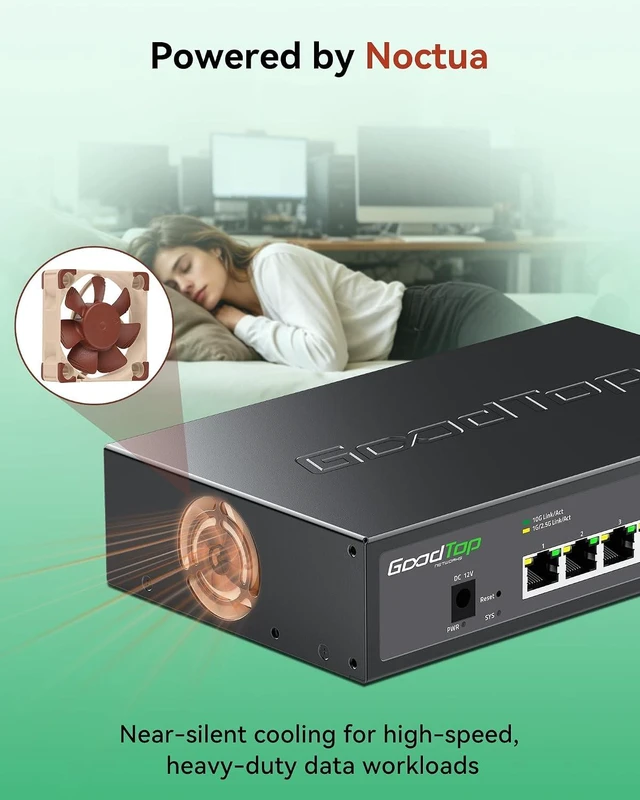 Alt view image 5 of 7 - 5-Port 10G Managed Switch, Powered by Noctua Silent Fan, Metal Housing,Easy Web Managed | VLAN/QoS/LACP | Multi-Gigabit (10G/5G/2.5G/1G) Ethernet Switch | for Wi-Fi 7 AP, 10G NAS, 8K Studio