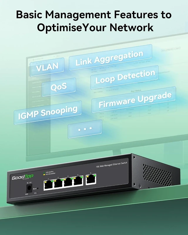 Alt view image 6 of 7 - 5-Port 10G Managed Switch, Powered by Noctua Silent Fan, Metal Housing,Easy Web Managed | VLAN/QoS/LACP | Multi-Gigabit (10G/5G/2.5G/1G) Ethernet Switch | for Wi-Fi 7 AP, 10G NAS, 8K Studio