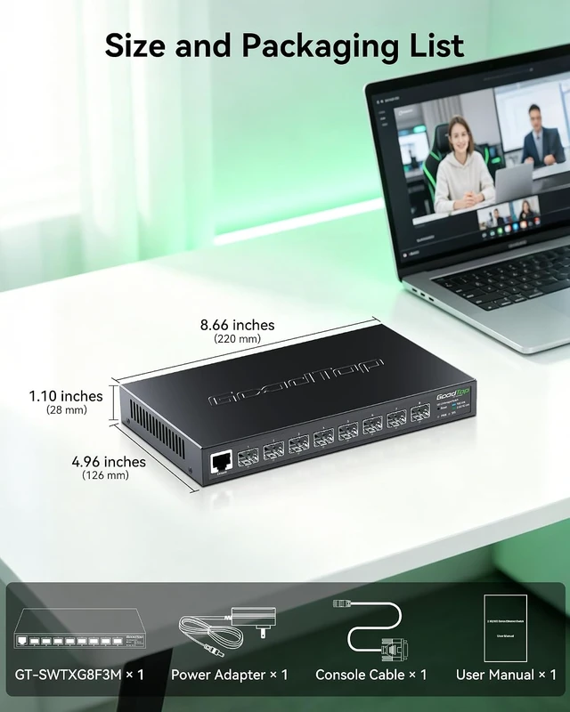 Alt view image 4 of 7 - 8-Port 10G SFP+ Switch, Layer 3 Managed, Enterprise Network Fiber Switch,L3 Switch with Console | OSPF/RIP/VLAN/QoS/LACP | for Home Lab, SMB | Fanless | Metal Housing