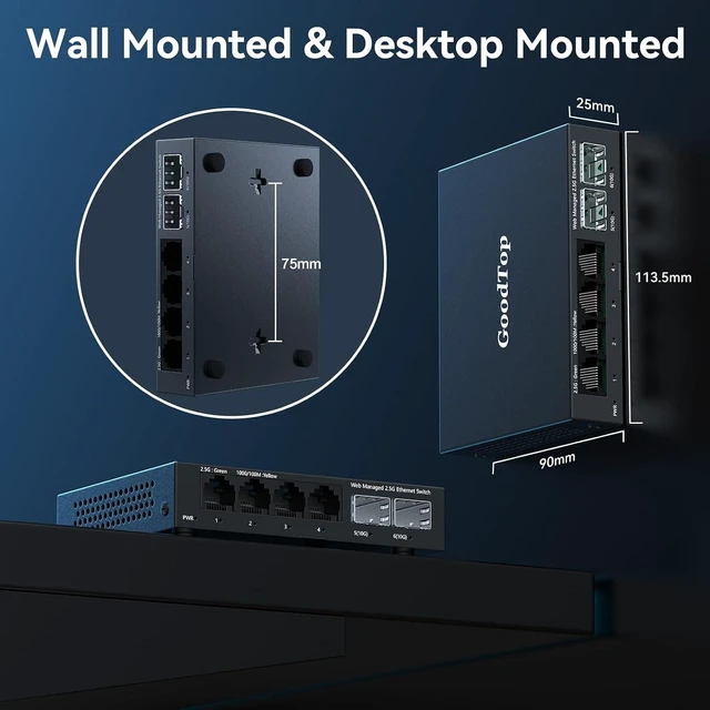 Alt view image 3 of 7 - 6-Port 2.5Gb Managed Switch: 4 x 2.5G RJ45 + 2 x 10G SFP+, Metal Housing,2.5 Gigabit Ethernet Switch | VLAN/QOS/LACP/DHCP | Fanless | Multi-Gigabit Network Switch for Home Lab