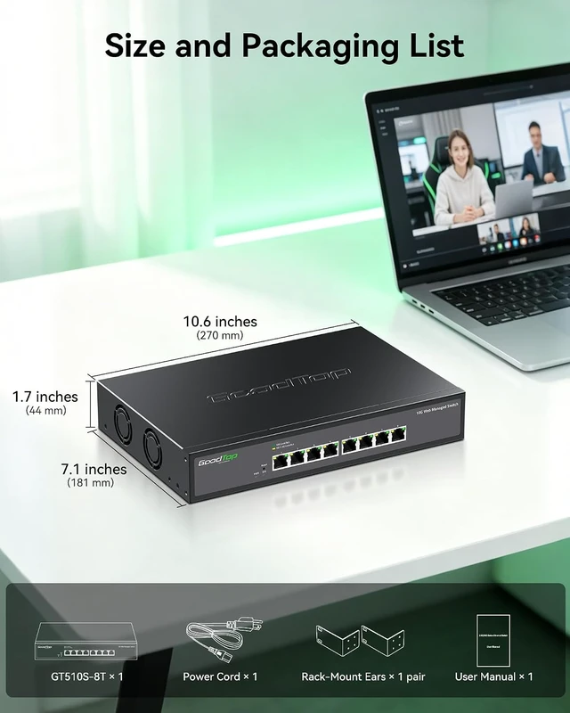 Alt view image 3 of 7 - 8-Port 10G Managed Switch, Easy Web Managed, Smart Fan, with Rack Ears,VLAN/QoS/LACP | Multi-Gigabit Ethernet Switch | All-Metal Chassis | for Wi-Fi 7 AP, 10G NAS, 8K Studio