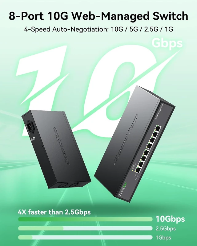 Alt view image 2 of 7 - 8-Port 10G Managed Switch, Easy Web Managed, Smart Fan, with Rack Ears,VLAN/QoS/LACP | Multi-Gigabit Ethernet Switch | All-Metal Chassis | for Wi-Fi 7 AP, 10G NAS, 8K Studio