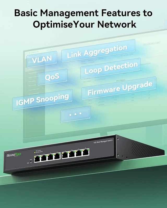 Alt view image 7 of 7 - 8-Port 10G Managed Switch, Easy Web Managed, Smart Fan, with Rack Ears,VLAN/QoS/LACP | Multi-Gigabit Ethernet Switch | All-Metal Chassis | for Wi-Fi 7 AP, 10G NAS, 8K Studio