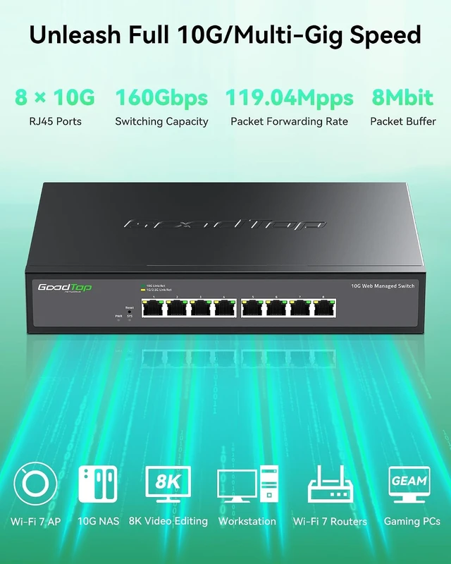 Alt view image 6 of 7 - 8-Port 10G Managed Switch, Easy Web Managed, Smart Fan, with Rack Ears,VLAN/QoS/LACP | Multi-Gigabit Ethernet Switch | All-Metal Chassis | for Wi-Fi 7 AP, 10G NAS, 8K Studio