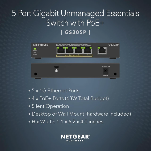 Alt view image 3 of 6 - 5-Port PoE Gigabit Ethernet Unmanaged Essentials Switch (GS305P),1 x 1G and 4 x 1G PoE+ Ports @ 63W, Desktop or Wall Mount