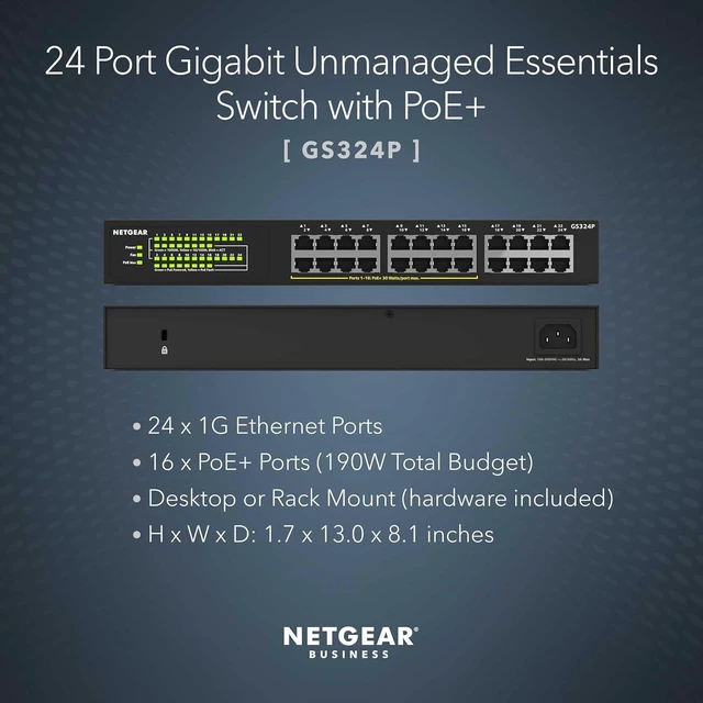 Alt view image 4 of 7 - 24-Port PoE Gigabit Ethernet Unmanaged Network Switch (GS324P),8 x 1G and 16 x 1G PoE+ Ports @ 190W, Desktop or Rack Mount