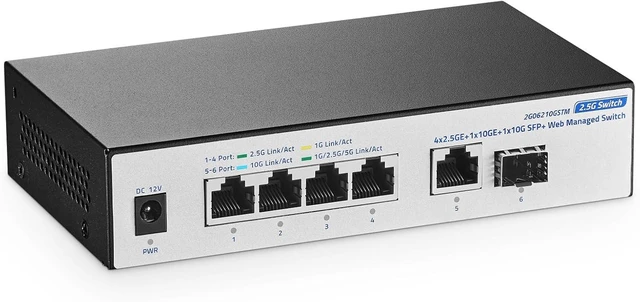 Main image of 10G Web Managed Switch, 4x2.5G RJ45 + 10G RJ45 + 10G SFP Ports, LACP/VLAN/QoS, Fanless Metal, YuLinca Ethernet Switch for NAS/Gaming/8K Streaming