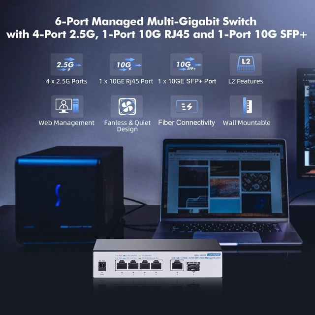 Alt view image 6 of 7 - 10G Web Managed Switch, 4x2.5G RJ45 + 10G RJ45 + 10G SFP Ports, LACP/VLAN/QoS, Fanless Metal, YuLinca Ethernet Switch for NAS/Gaming/8K Streaming