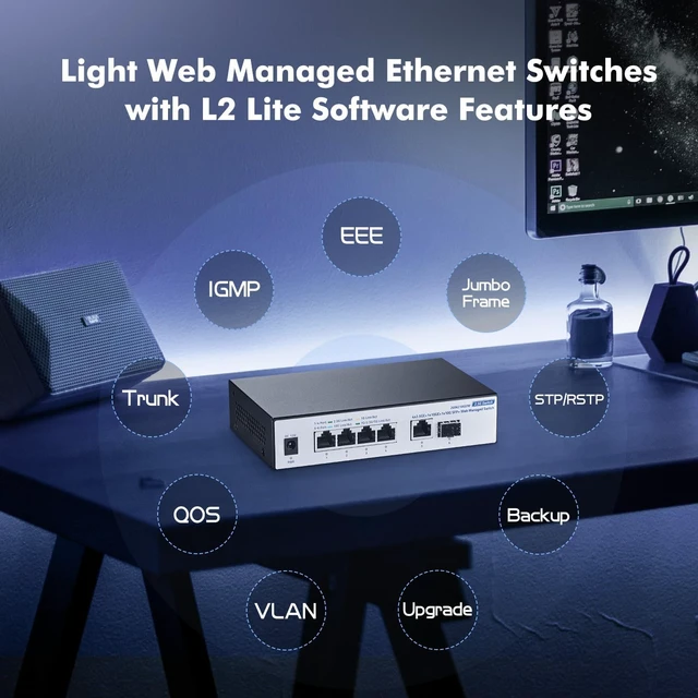 Alt view image 5 of 7 - 10G Web Managed Switch, 4x2.5G RJ45 + 10G RJ45 + 10G SFP Ports, LACP/VLAN/QoS, Fanless Metal, YuLinca Ethernet Switch for NAS/Gaming/8K Streaming