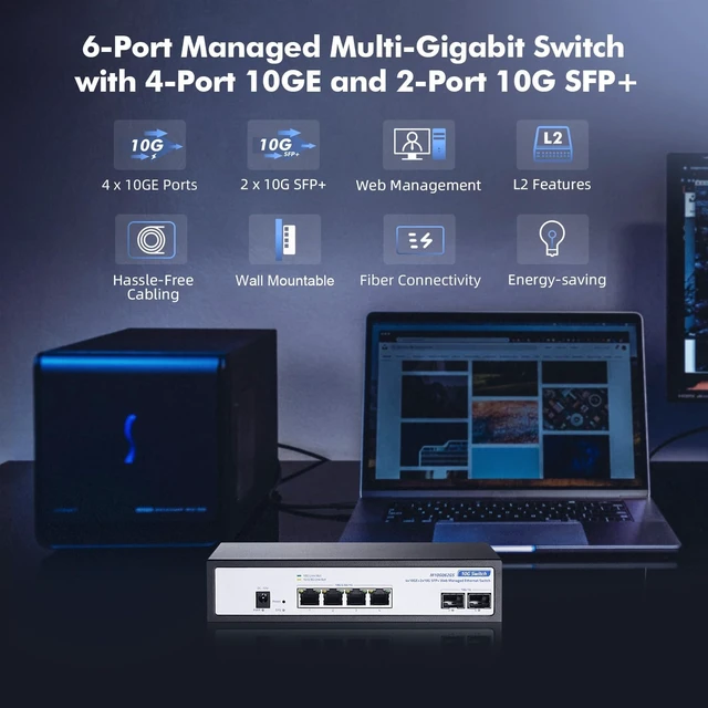Alt view image 2 of 7 - 6 Port 10G Switch, 4 x 10G RJ-45, 2 x 10G SFP+ Slots, Support 10G/5G/2.5G/1000M Auto-Negotiation, YuLinca Metal Smart Web Managed Network Switch