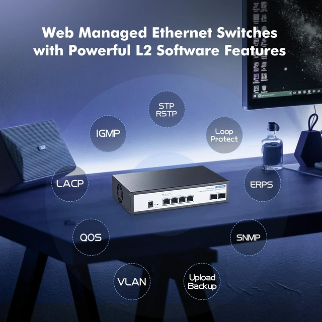 Alt view image 3 of 7 - 6 Port 10G Switch, 4 x 10G RJ-45, 2 x 10G SFP+ Slots, Support 10G/5G/2.5G/1000M Auto-Negotiation, YuLinca Metal Smart Web Managed Network Switch