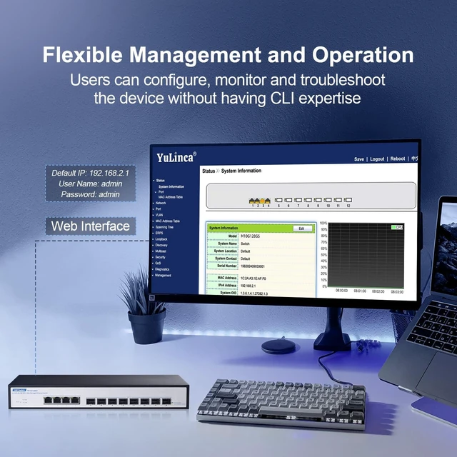 Alt view image 6 of 7 - 12 Port 10Gbps Managed Switch, 8 x 10G SFP+ Slots, 4 x 10G RJ-45 Ports, Support 10G/5G/2.5G/1000M Auto-Negotiation, YuLinca Smart Web Managed Rackmout Switch