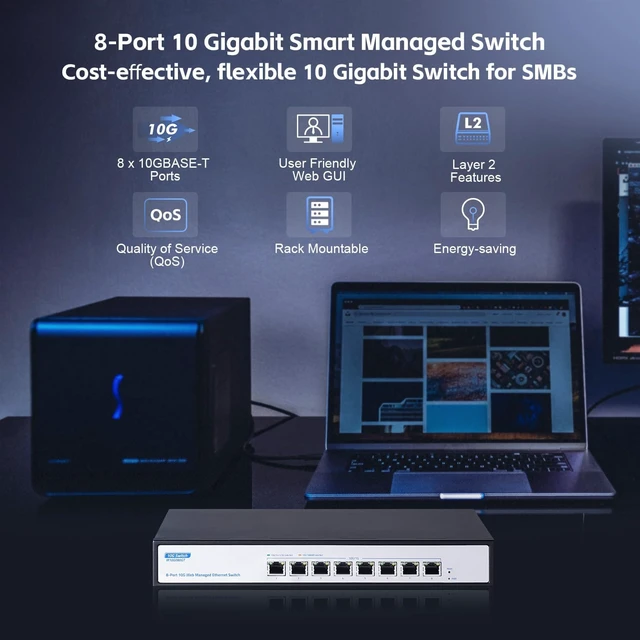 Alt view image 5 of 7 - 10G Switch 8 Port Managed, 10G/5G/2.5G/1000M Ethernet Auto-Negotiation, 160Gbps Bandwidth, Support LACP/QOS/VLAN/IGMP, Desktop/Rackmount YuLinca Managed Network Switch
