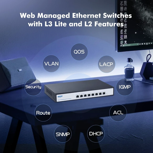 Alt view image 2 of 7 - 10G Switch 8 Port Managed, 10G/5G/2.5G/1000M Ethernet Auto-Negotiation, 160Gbps Bandwidth, Support LACP/QOS/VLAN/IGMP, Desktop/Rackmount YuLinca Managed Network Switch
