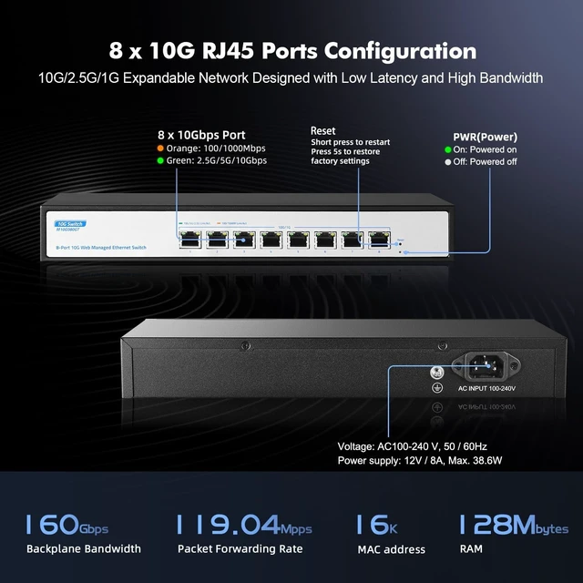 Alt view image 7 of 7 - 10G Switch 8 Port Managed, 10G/5G/2.5G/1000M Ethernet Auto-Negotiation, 160Gbps Bandwidth, Support LACP/QOS/VLAN/IGMP, Desktop/Rackmount YuLinca Managed Network Switch