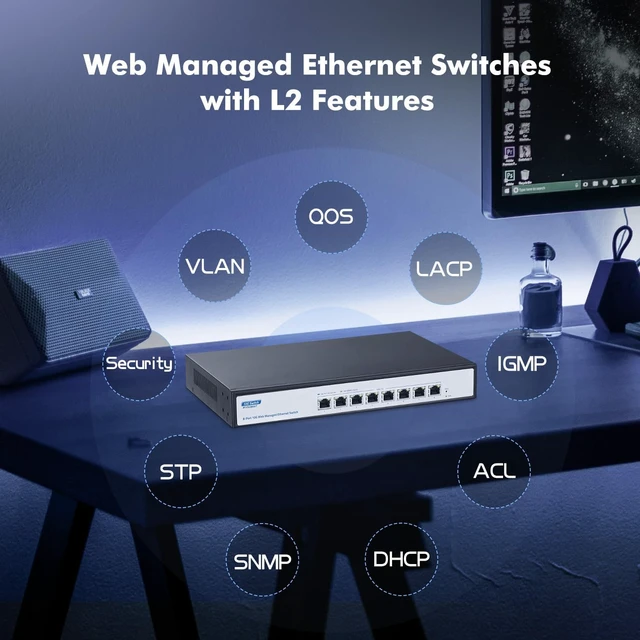 Alt view image 3 of 7 - 10G Switch 8 Port Managed, 10G/5G/2.5G/1000M Ethernet Auto-Negotiation, 160Gbps Bandwidth, Support LACP/QOS/VLAN/IGMP, Desktop/Rackmount YuLinca Managed Network Switch