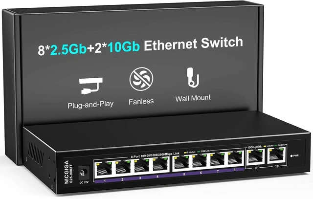 Main image of 10Gbe Ethernet Switch Unmanaged with 2 x 10Gb RJ45 Ports + 8 x 2.5Gb Base-T Ports, Desktop/Wall Mount NICGIGA 10 Port 10Gbps Network Switch for Wireless AP, NAS, PC
