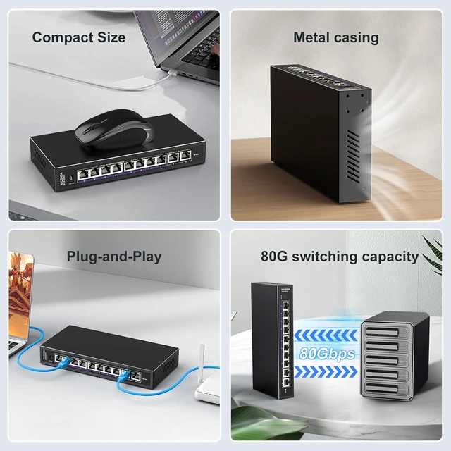 Alt view image 2 of 7 - 10Gbe Ethernet Switch Unmanaged with 2 x 10Gb RJ45 Ports + 8 x 2.5Gb Base-T Ports, Desktop/Wall Mount NICGIGA 10 Port 10Gbps Network Switch for Wireless AP, NAS, PC