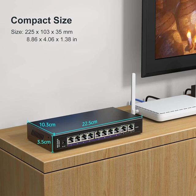 Alt view image 7 of 7 - 10Gbe Ethernet Switch Unmanaged with 2 x 10Gb RJ45 Ports + 8 x 2.5Gb Base-T Ports, Desktop/Wall Mount NICGIGA 10 Port 10Gbps Network Switch for Wireless AP, NAS, PC
