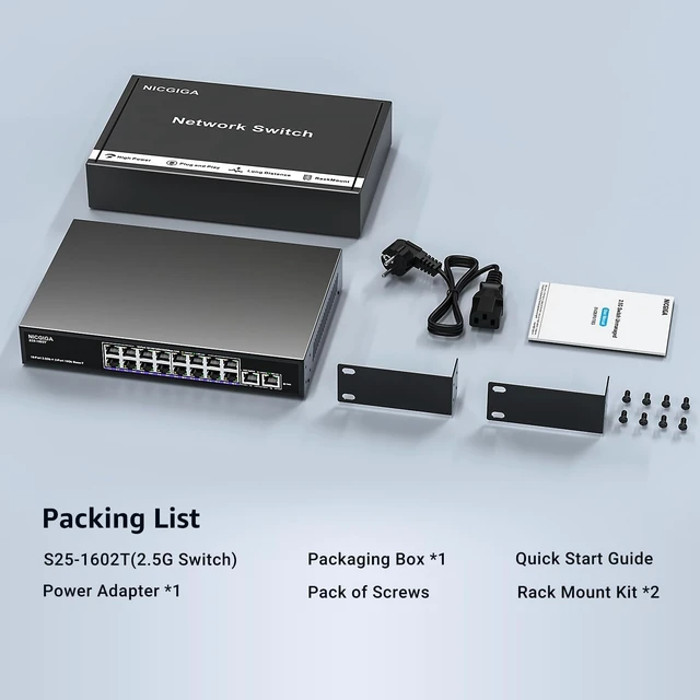 Alt view image 5 of 7 - 10Gbe Ethernet Switch Unmanaged with 2 x 10Gb RJ45 Ports + 16 x 2.5Gb Base-T Ports, Desktop/19-inch Rack Mount, NICGIGA 18 Port 10Gbps Network Switch for Wireless AP, NAS, PC