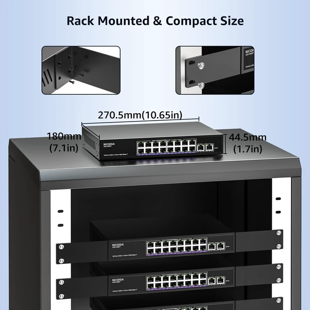 Alt view image 7 of 7 - 10Gbe Ethernet Switch Unmanaged with 2 x 10Gb RJ45 Ports + 16 x 2.5Gb Base-T Ports, Desktop/19-inch Rack Mount, NICGIGA 18 Port 10Gbps Network Switch for Wireless AP, NAS, PC