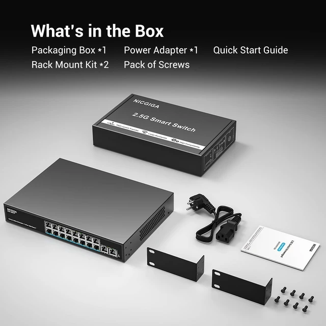 Alt view image 6 of 7 - 16 Port 2.5G PoE Switch Unmanaged with 16 Port 2.5Gb Base-T PoE+@250W + 2 x 10G RJ45 Uplink, NICGIGA 18 Port 2.5Gbe IEEE802.3af/at Power Over Ethernet Switch, Support WiFi6 AP, NAS, 4K PoE Camera NVR.