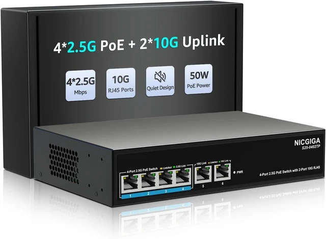 Main image of 4 Port 2.5Gb PoE (65W) + 2 Port 10Gb RJ45 Network Switch Unmanaged.NICGIGA 6 Port 2.5G IEEE802.3af/at Power Over Ethernet Switch, Support WiFi6 AP, NAS, 4K PoE Camera NVR.