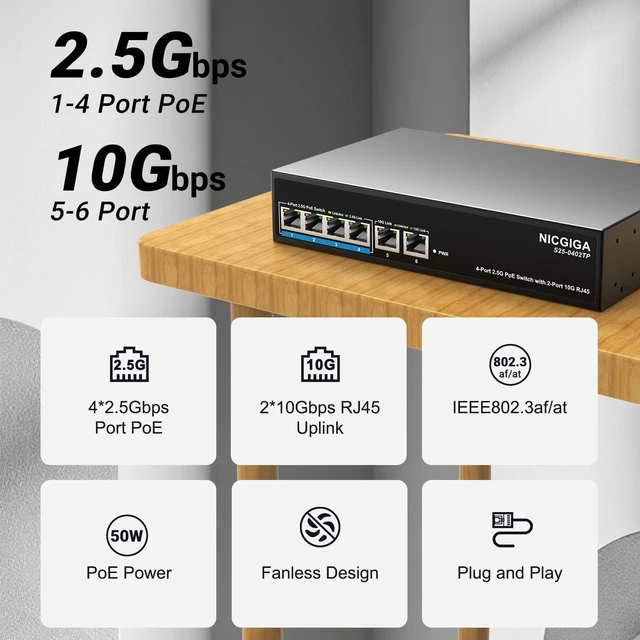Alt view image 2 of 7 - 4 Port 2.5Gb PoE (65W) + 2 Port 10Gb RJ45 Network Switch Unmanaged.NICGIGA 6 Port 2.5G IEEE802.3af/at Power Over Ethernet Switch, Support WiFi6 AP, NAS, 4K PoE Camera NVR.