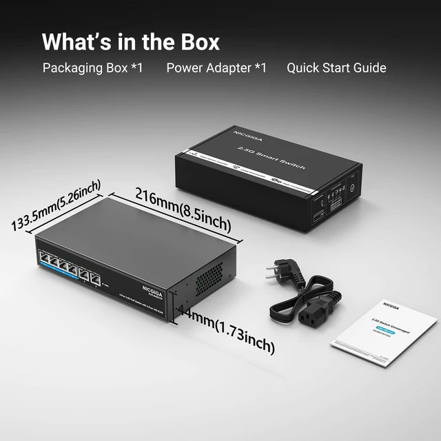 Alt view image 5 of 7 - 4 Port 2.5Gb PoE (65W) + 2 Port 10Gb RJ45 Network Switch Unmanaged.NICGIGA 6 Port 2.5G IEEE802.3af/at Power Over Ethernet Switch, Support WiFi6 AP, NAS, 4K PoE Camera NVR.