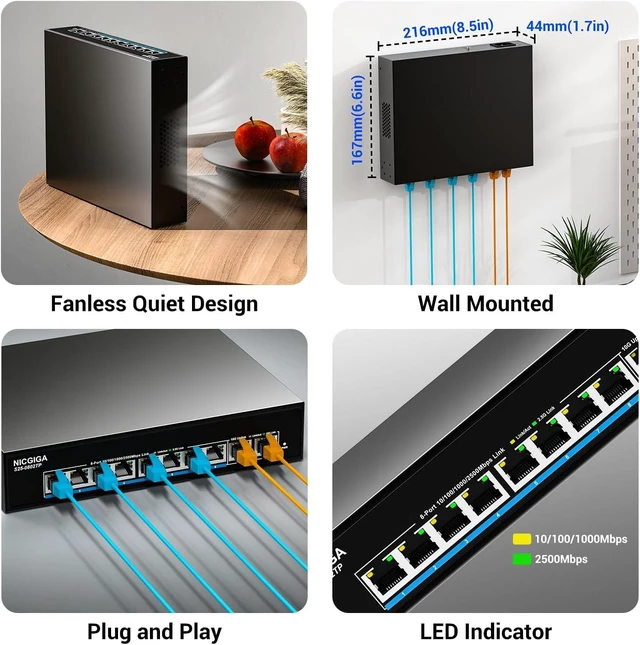 Alt view image 3 of 7 - 8 Port 2.5Gb PoE (130W) + 2 Port 10Gb RJ45 Network Switch Unmanaged, NICGIGA 10 Port 2.5G IEEE802.3af/at Power Over Ethernet Switch, Support WiFi6 AP, NAS, 4K PoE Camera NVR.