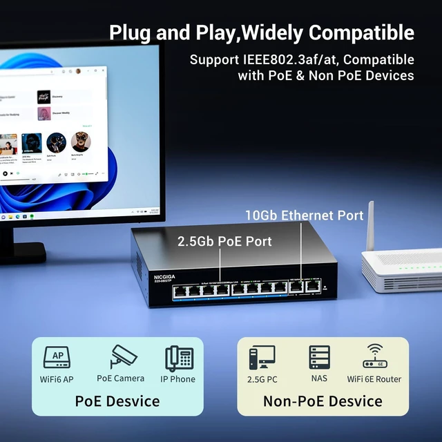 Alt view image 6 of 7 - 8 Port 2.5Gb PoE (130W) + 2 Port 10Gb RJ45 Network Switch Unmanaged, NICGIGA 10 Port 2.5G IEEE802.3af/at Power Over Ethernet Switch, Support WiFi6 AP, NAS, 4K PoE Camera NVR.