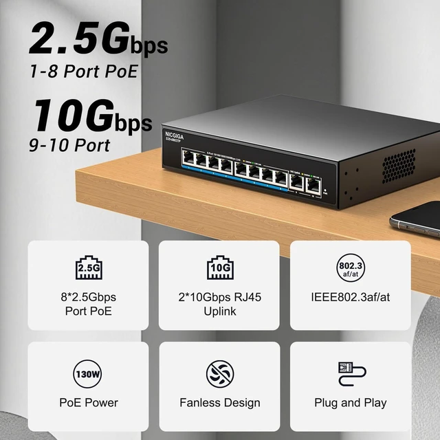 Alt view image 4 of 7 - 8 Port 2.5Gb PoE (130W) + 2 Port 10Gb RJ45 Network Switch Unmanaged, NICGIGA 10 Port 2.5G IEEE802.3af/at Power Over Ethernet Switch, Support WiFi6 AP, NAS, 4K PoE Camera NVR.