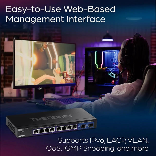 Alt view image 4 of 7 - 10-Port Multi-Gig Web Smart Switch, TEG-3102WS,8 x 2.5GBASE-T Ports, 2 x 10G SFP+ Slots, Ethernet Splitter, Metal Housing, NDAA & TAA Compliant, Lifetime Protection, Black