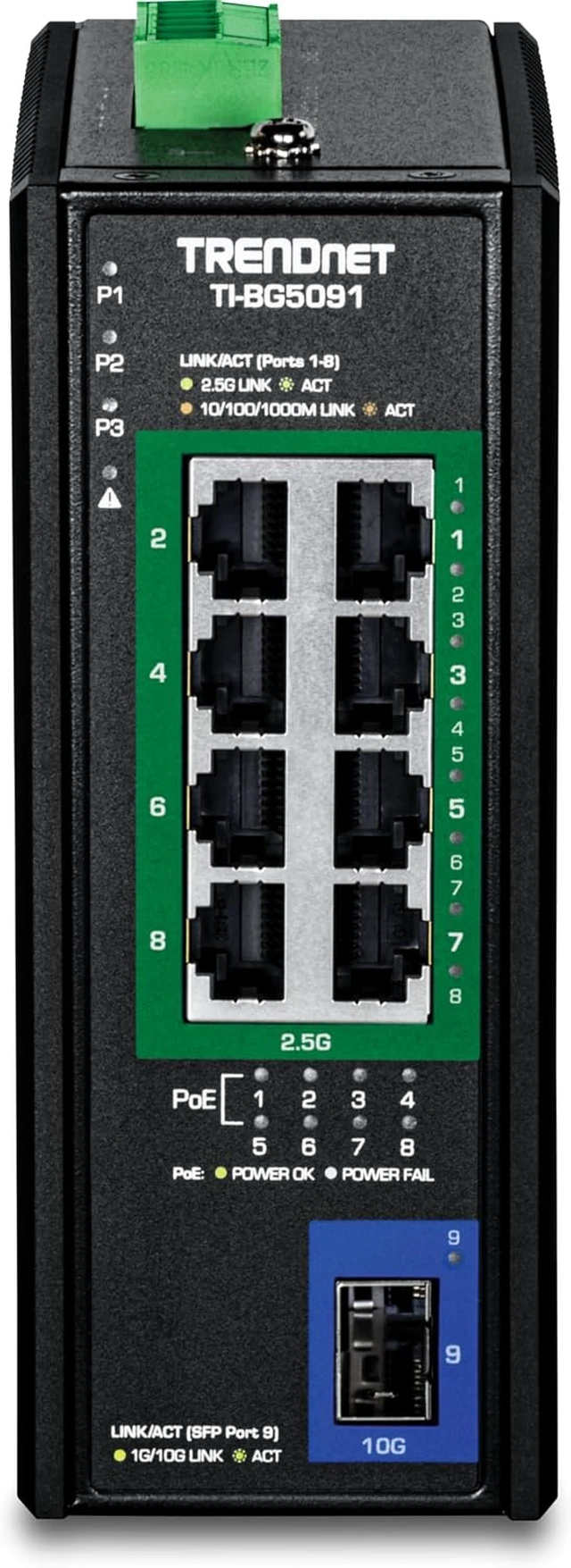 Alt view image 5 of 7 - TI-BG5091, 9-Port Industrial 2.5G DIN-Rail PoE++ Switch,with 10G SFP+ Port,Multi-Gigabit, 8 x 2.G PoE++ Ports, 1 x 10G SFP+ Port, 480W PoE Power Budget, 60Gbps, Lifetime Protection